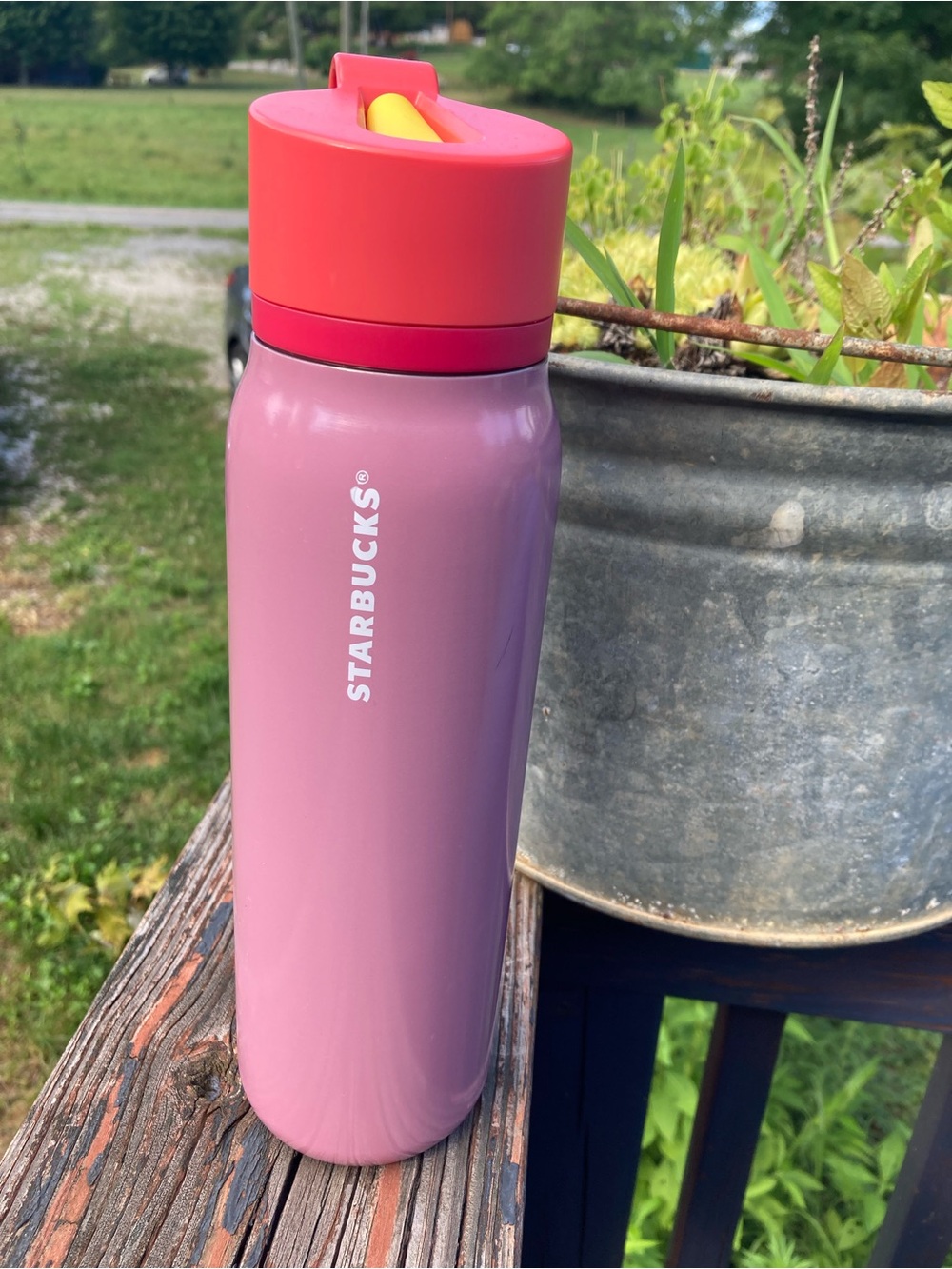 Starbucks Pink Bottle with Coral Lid and Yellow Straw Accent